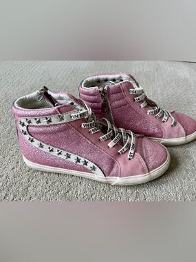Vintage Havana Pink Glitter High-Top Kids Sneakers with Star Stud Trim
